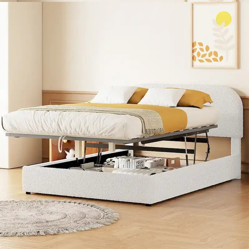 Base letto a piattaforma Full Size in pile Teddy con testiera curva e contenitore idraulico