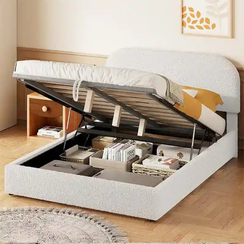 Base letto a piattaforma Full Size in pile Teddy con testiera curva e contenitore idraulico