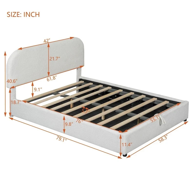 Base letto a piattaforma Full Size in pile Teddy con testiera curva e contenitore idraulico