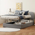 Base letto a piattaforma Full Size in pile Teddy con testiera curva e contenitore idraulico