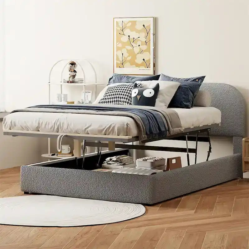 Base letto a piattaforma Full Size in pile Teddy con testiera curva e contenitore idraulico