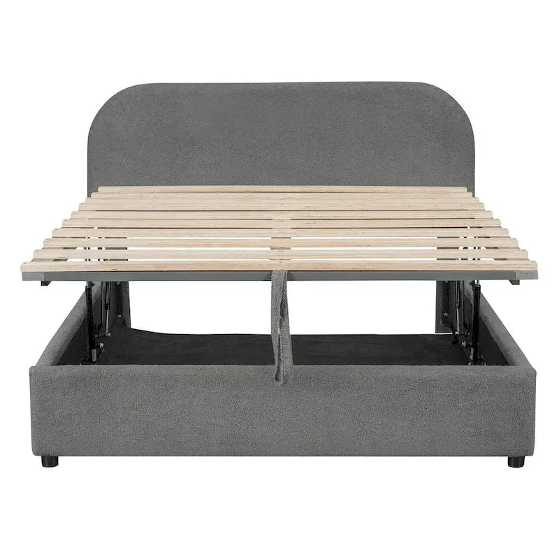 Base letto a piattaforma Full Size in pile Teddy con testiera curva e contenitore idraulico