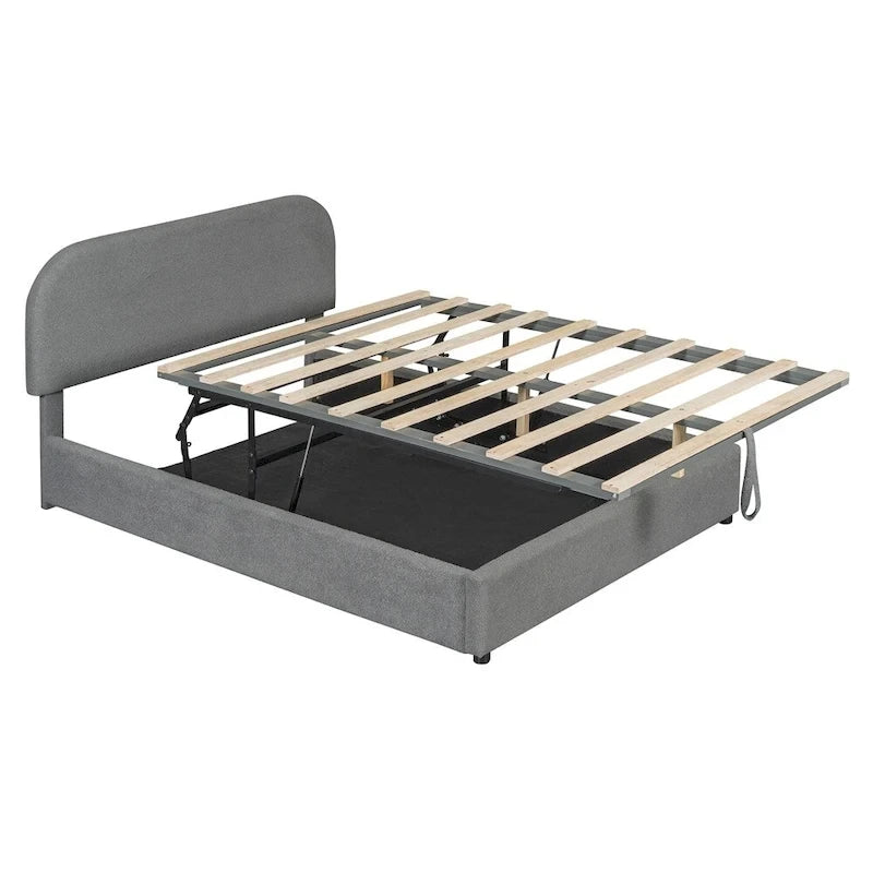 Base letto a piattaforma Full Size in pile Teddy con testiera curva e contenitore idraulico