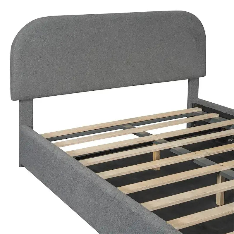 Base letto a piattaforma Full Size in pile Teddy con testiera curva e contenitore idraulico
