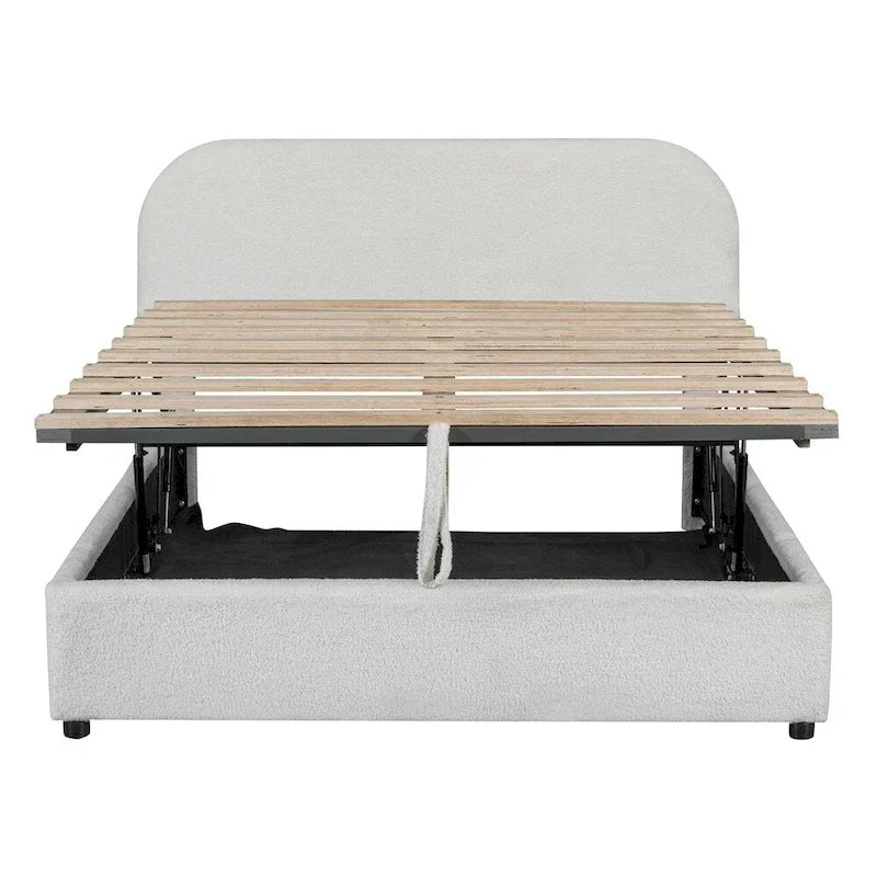 Base letto a piattaforma Full Size in pile Teddy con testiera curva e contenitore idraulico