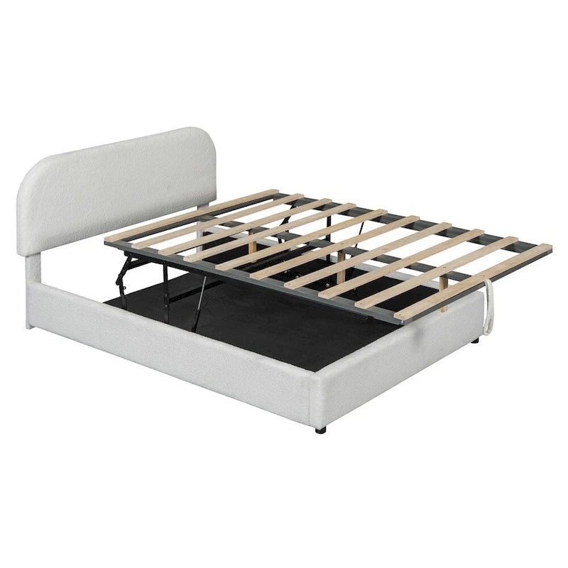 Base letto a piattaforma Full Size in pile Teddy con testiera curva e contenitore idraulico