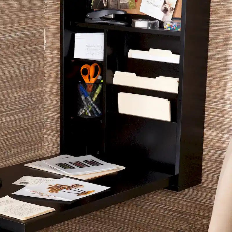 Scrivania a Scomparsa a Muro con Scaffali e Bacheca in Sughero