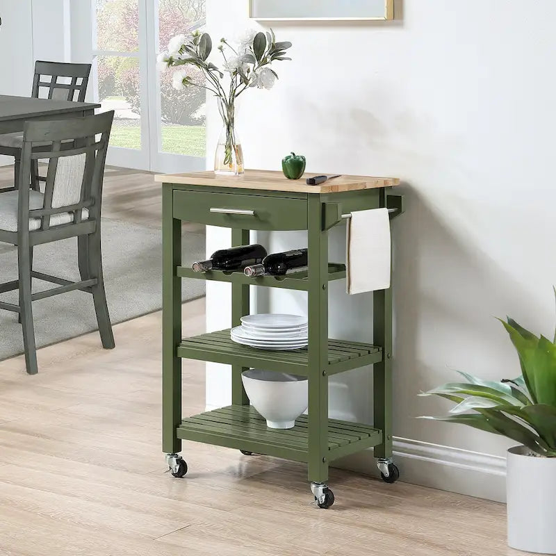 Carrello da Cucina a 4 Ripiani con Piano in Legno Massello
