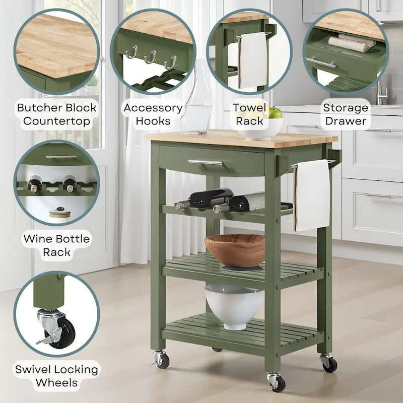 Carrello da Cucina a 4 Ripiani con Piano in Legno Massello