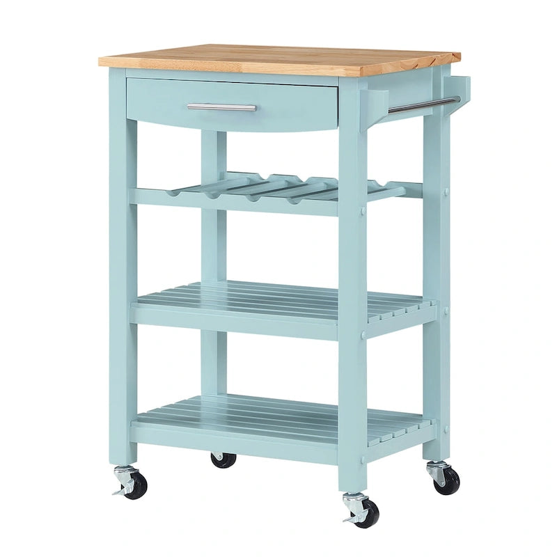 Carrello da Cucina a 4 Ripiani con Piano in Legno Massello