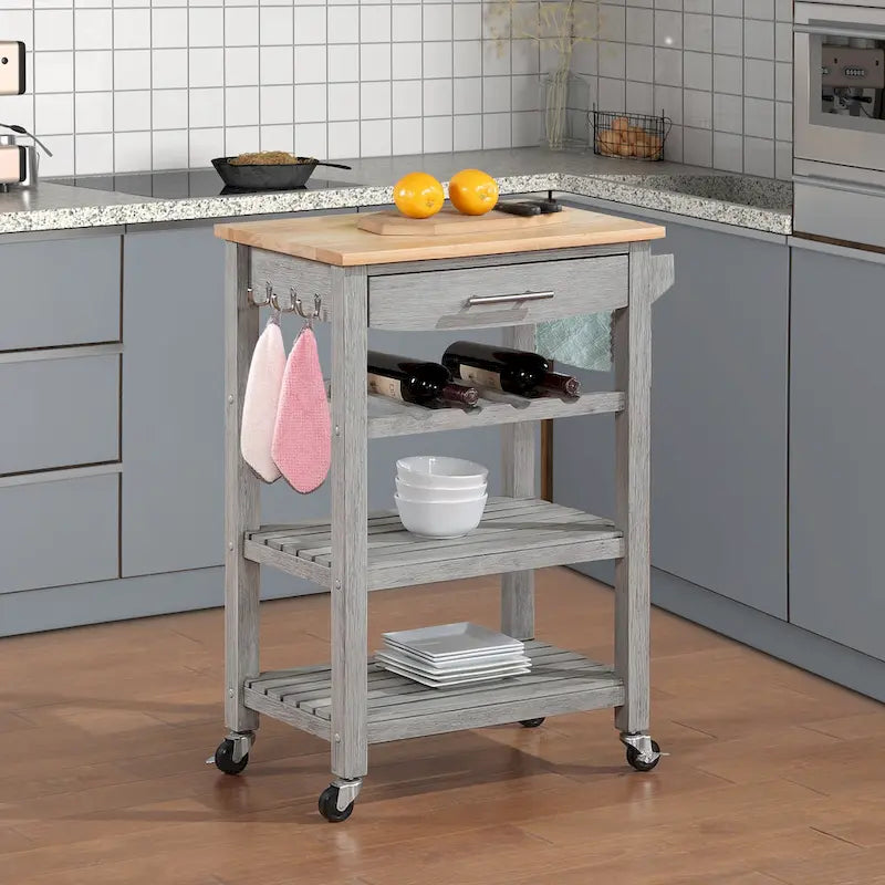 Carrello da Cucina a 4 Ripiani con Piano in Legno Massello