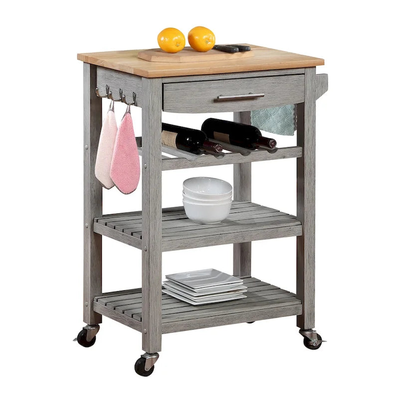 Carrello da Cucina a 4 Ripiani con Piano in Legno Massello