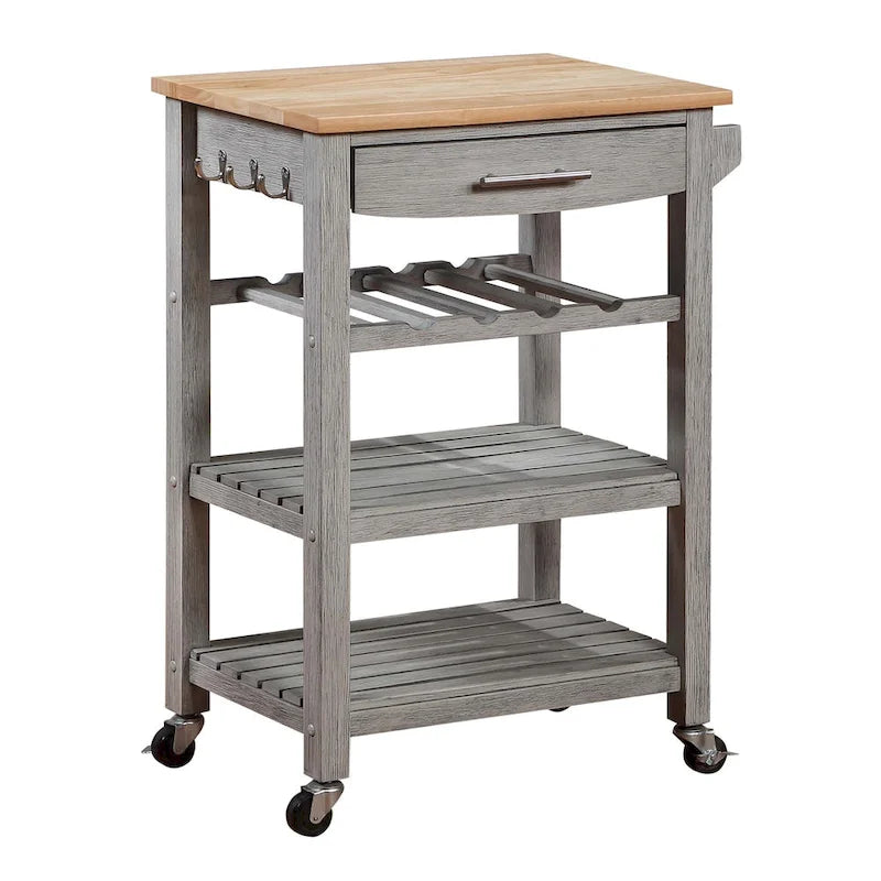 Carrello da Cucina a 4 Ripiani con Piano in Legno Massello