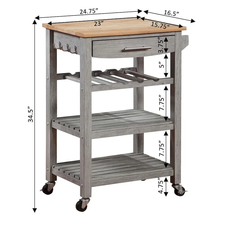Carrello da Cucina a 4 Ripiani con Piano in Legno Massello