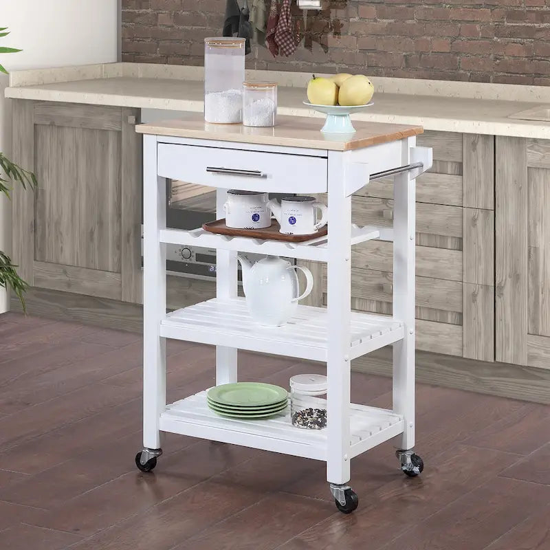 Carrello da Cucina a 4 Ripiani con Piano in Legno Massello