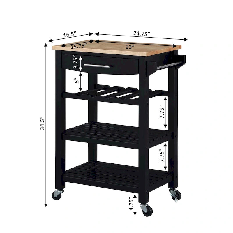Carrello da Cucina a 4 Ripiani con Piano in Legno Massello