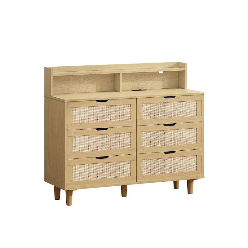 Cassettiera a 6 cassetti in rattan con striscia LED e presa di corrente