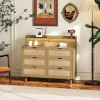 Cassettiera a 6 cassetti in rattan con striscia LED e presa di corrente