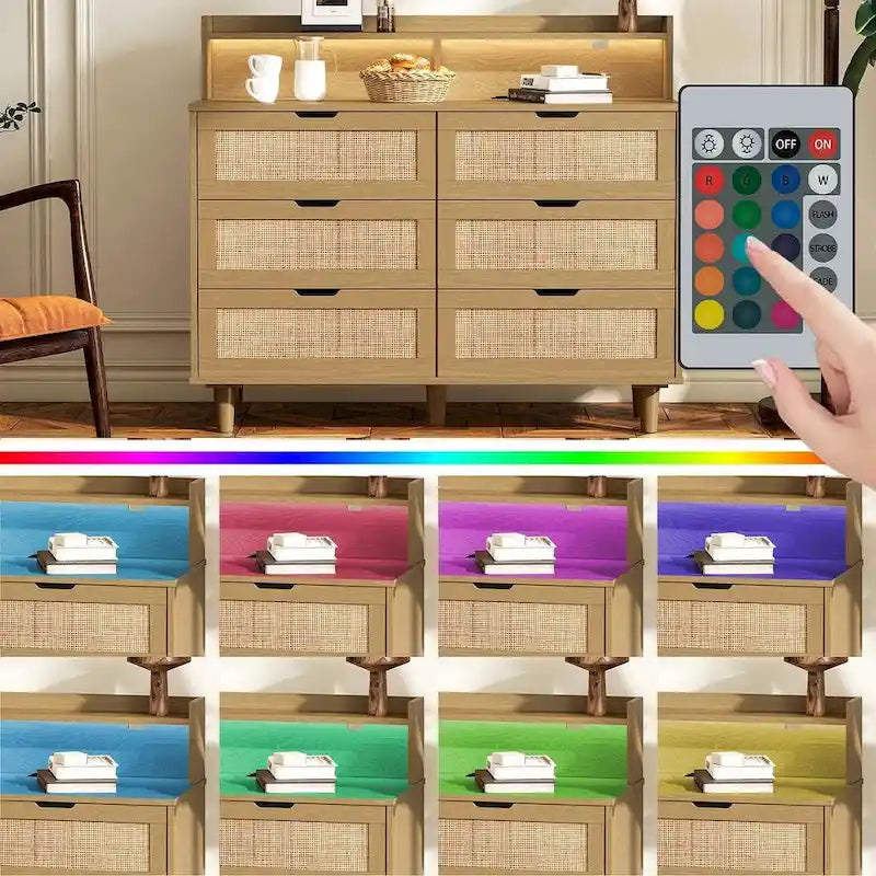 Cassettiera a 6 cassetti in rattan con striscia LED e presa di corrente