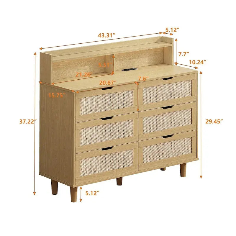 Cassettiera a 6 cassetti in rattan con striscia LED e presa di corrente