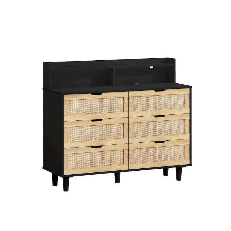 Cassettiera a 6 cassetti in rattan con striscia LED e presa di corrente