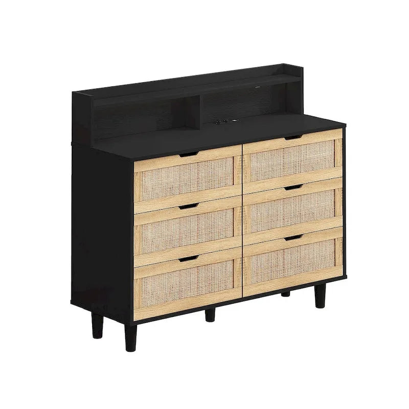 Cassettiera a 6 cassetti in rattan con striscia LED e presa di corrente