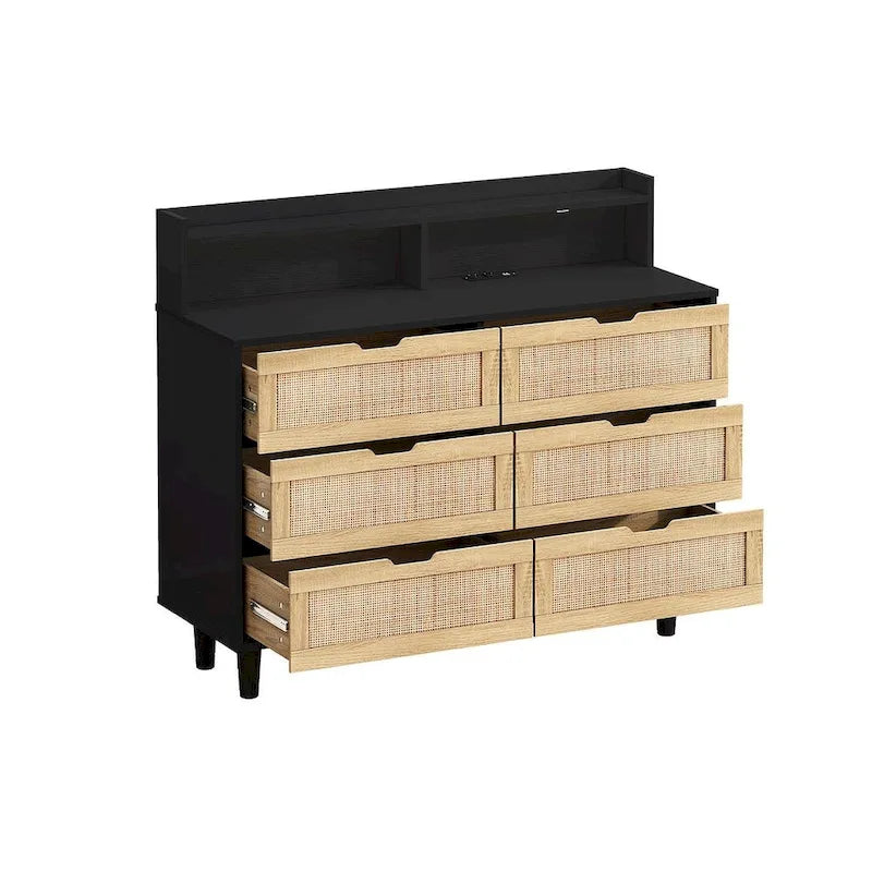 Cassettiera a 6 cassetti in rattan con striscia LED e presa di corrente