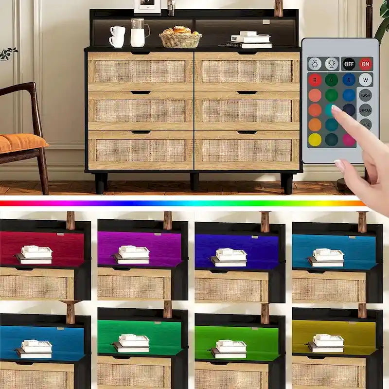 Cassettiera a 6 cassetti in rattan con striscia LED e presa di corrente