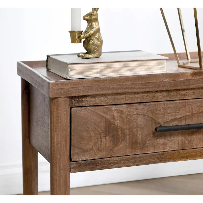 Tavolino comodino a 1 cassetto - Legno massello, Finitura marrone naturale