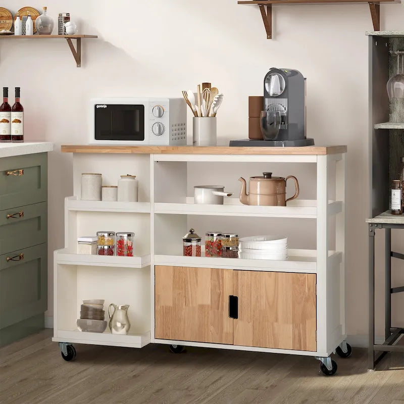 Carrello da cucina con cassetti e ripiani aperti