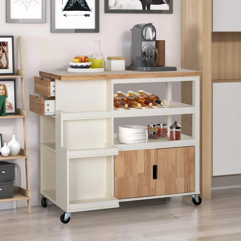Carrello da cucina con cassetti e ripiani aperti