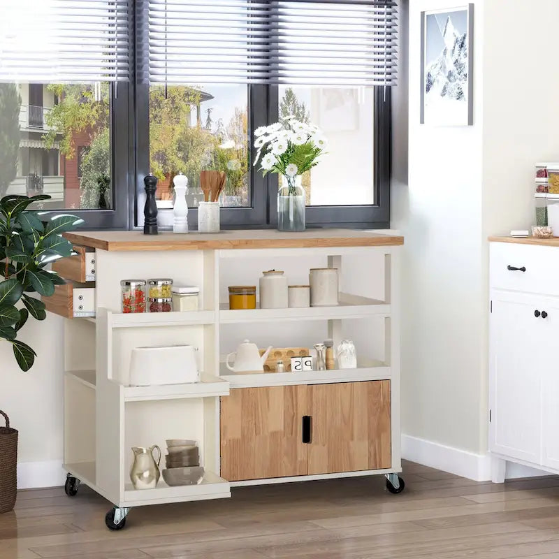 Carrello da cucina con cassetti e ripiani aperti