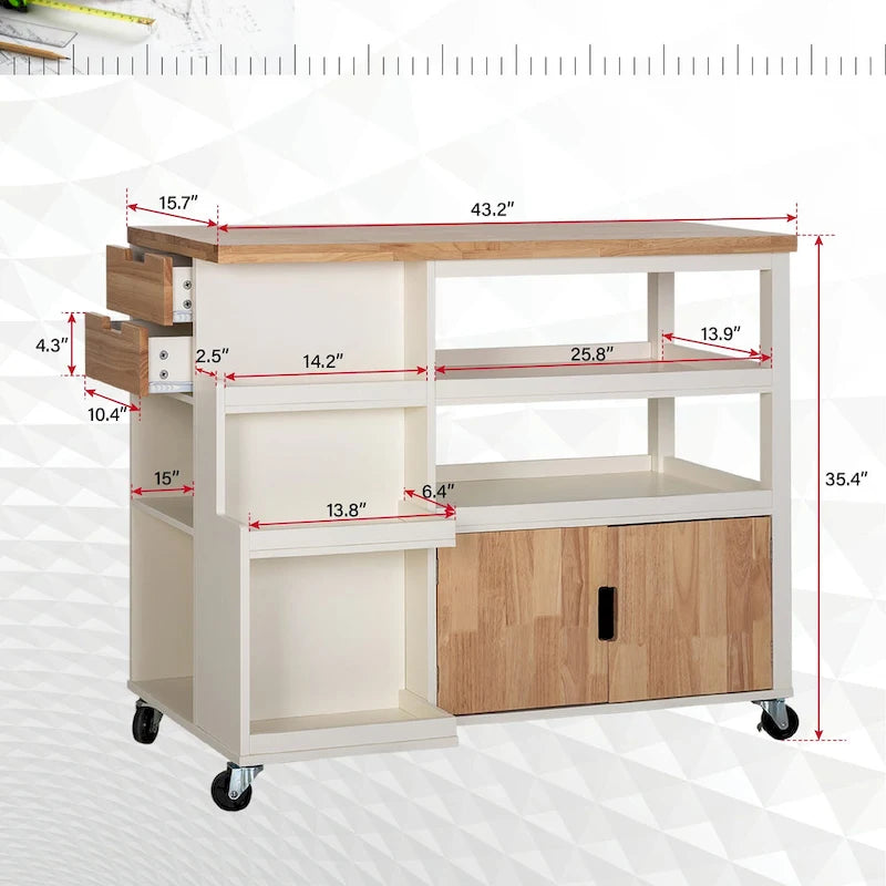 Carrello da cucina con cassetti e ripiani aperti