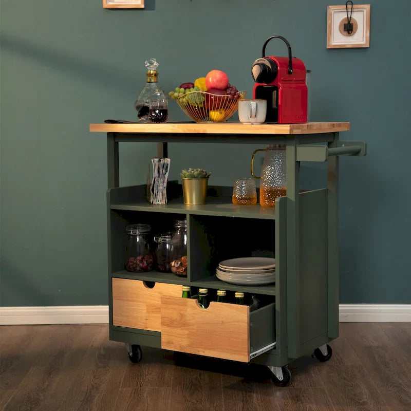 Carrello da cucina con cassetti e ripiani aperti