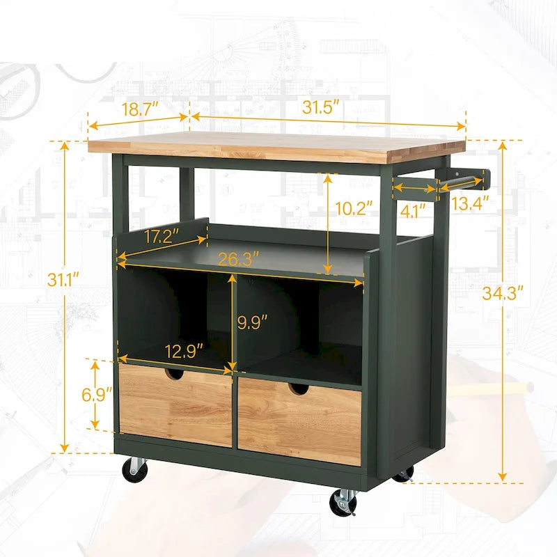 Carrello da cucina con cassetti e ripiani aperti