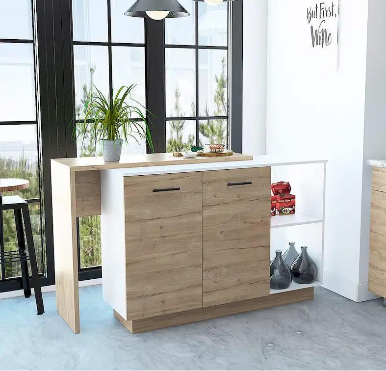 TUHOME Sicilia Kitchen Island with 2 Open Shelves, Double Door Cabinet, and 3 Inner Shelves