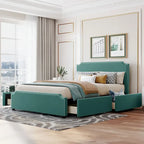 Letto a piattaforma Queen Size con testiera imbottita e cassetti contenitore