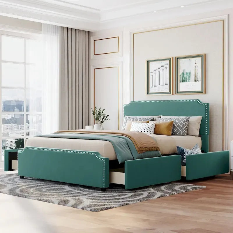 Letto a piattaforma Queen Size con testiera imbottita e cassetti contenitore