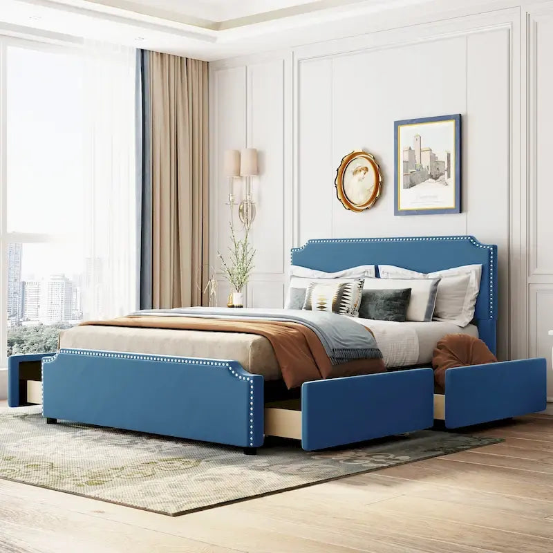 Letto a piattaforma Queen Size con testiera imbottita e cassetti contenitore