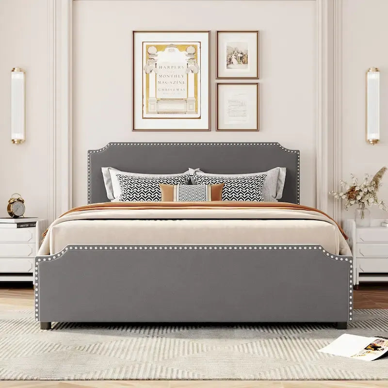 Letto a piattaforma Queen Size con testiera imbottita e cassetti contenitore