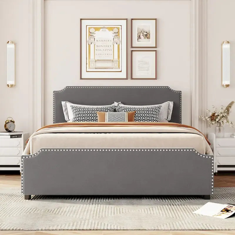 Letto a piattaforma Queen Size con testiera imbottita e cassetti contenitore