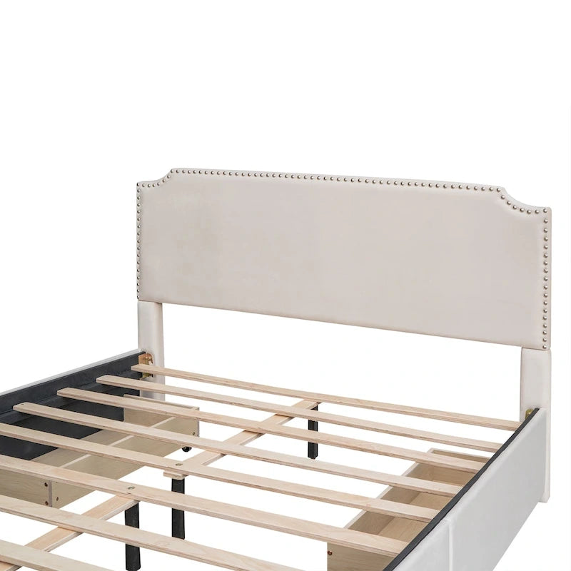 Letto a piattaforma Queen Size con testiera imbottita e cassetti contenitore