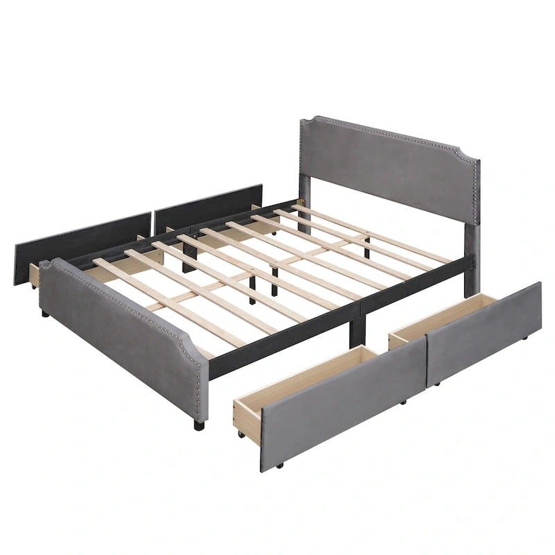 Letto a piattaforma Queen Size con testiera imbottita e cassetti contenitore