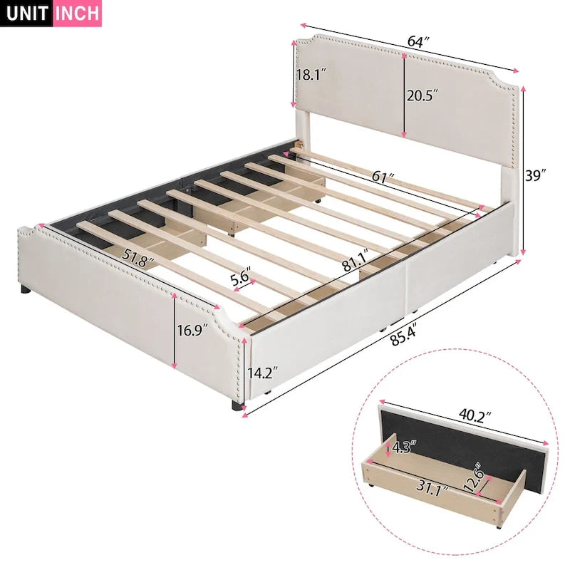 Letto a piattaforma Queen Size con testiera imbottita e cassetti contenitore