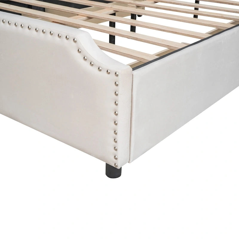Letto a piattaforma Queen Size con testiera imbottita e cassetti contenitore
