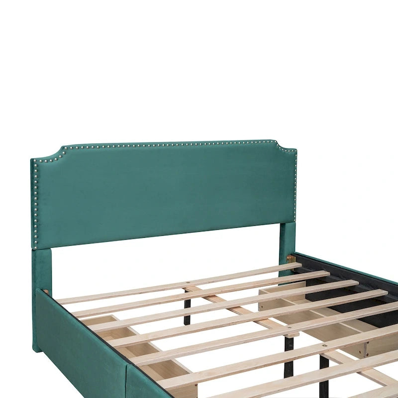 Letto a piattaforma Queen Size con testiera imbottita e cassetti contenitore