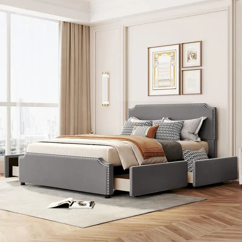 Letto a piattaforma Queen Size con testiera imbottita e cassetti contenitore