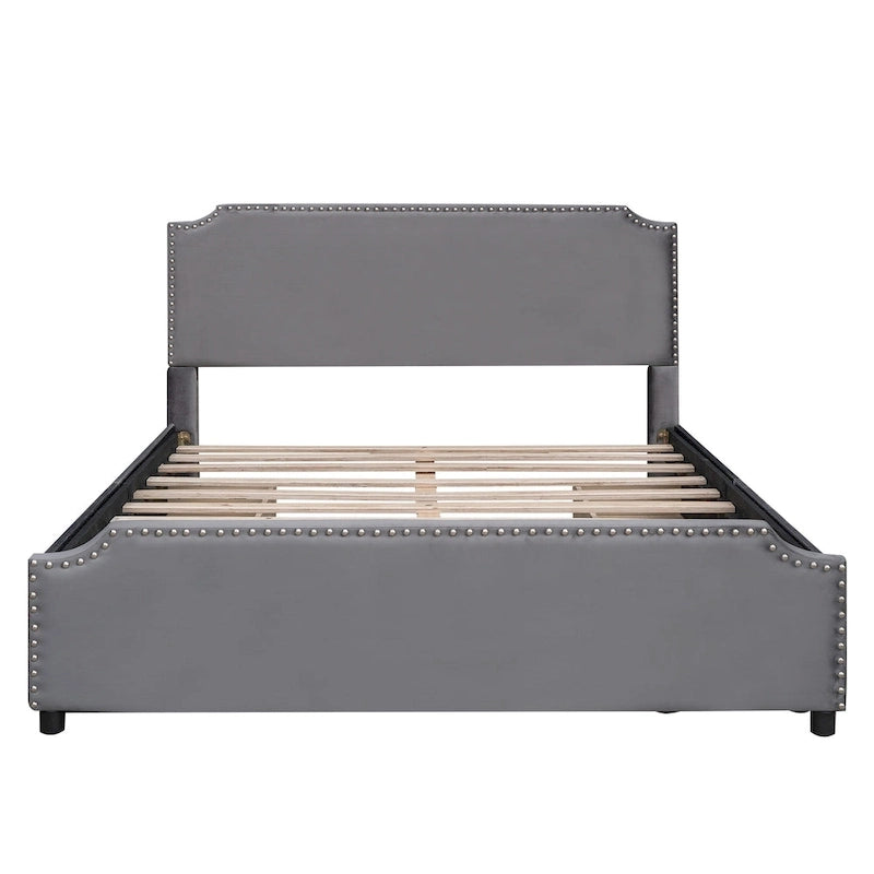 Letto a piattaforma Queen Size con testiera imbottita e cassetti contenitore
