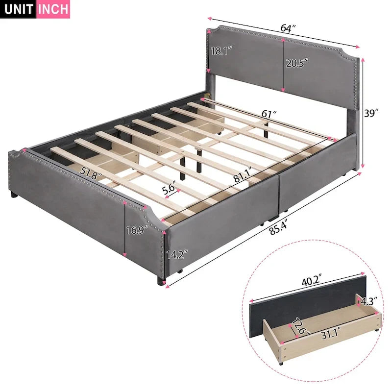 Letto a piattaforma Queen Size con testiera imbottita e cassetti contenitore