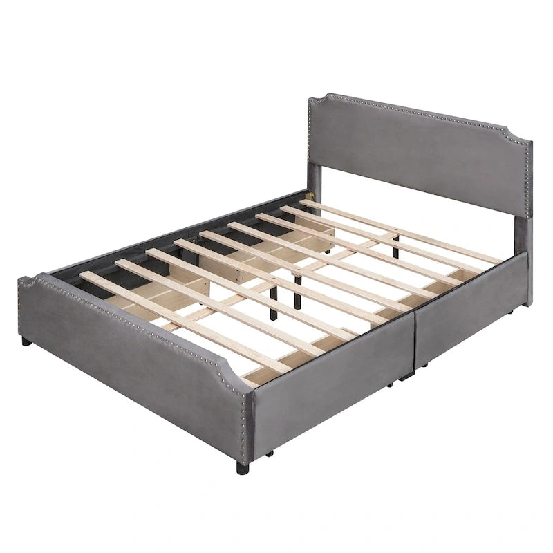 Letto a piattaforma Queen Size con testiera imbottita e cassetti contenitore